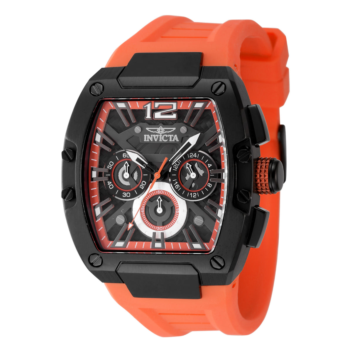 Invicta Racing Sector Grid 43mm quartz chronograph with black case and orange silicone strap