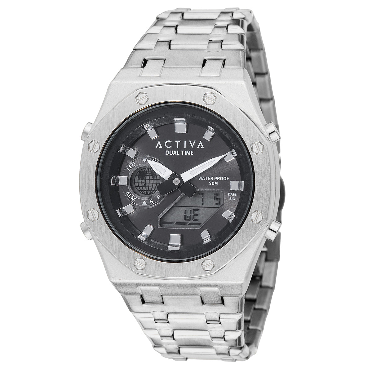 Activa X Invicta Unisex Silver Blue Dual Time Digital Metal Wristwatch 45.5mm Activa X INVICTA Digital 45.5mm Unisex Watch Silver main image 2