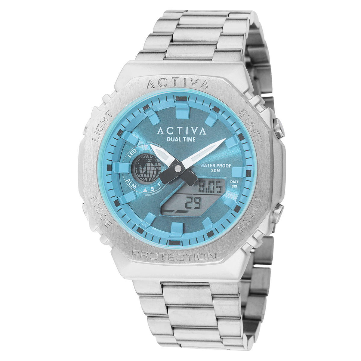 Activa X Invicta Unisex Silver Blue Dual Time Digital Metal Wristwatch 45.5mm Activa X INVICTA Digital 45.5mm Unisex Watch Silver main image 4