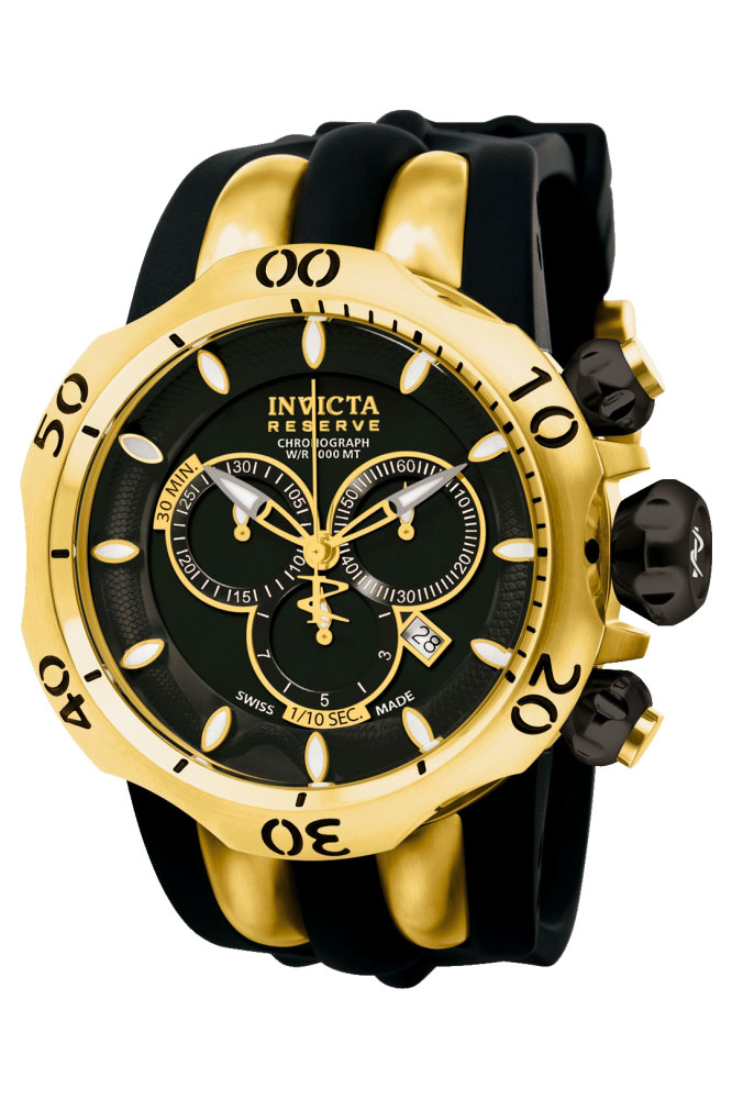 Invicta Venom Quartz Watch - Gold case with Gold, Black tone Stainless Steel, Polyurethane band - Model 10833