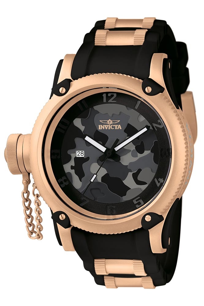 Invicta Russian Diver Quartz Watch - Rose Gold, Black case with Rose Gold, Black tone Stainless Steel, Polyurethane band - Model 11341