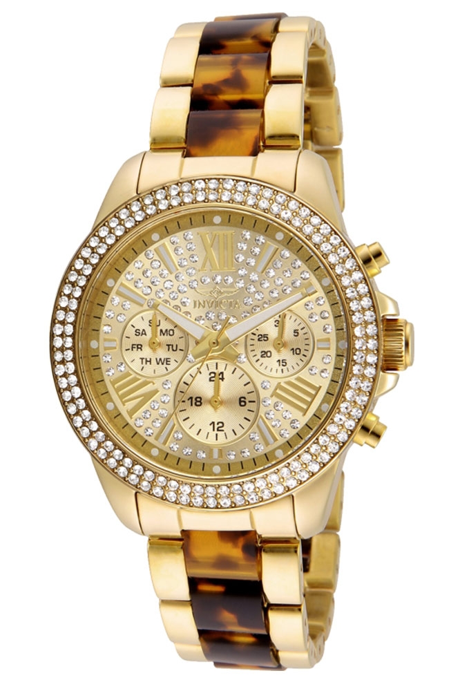 Invicta Angel Swiss Movement Quartz Watch - Gold case with Gold, Brown tone Stainless Steel, Tortoise band - Model 20509