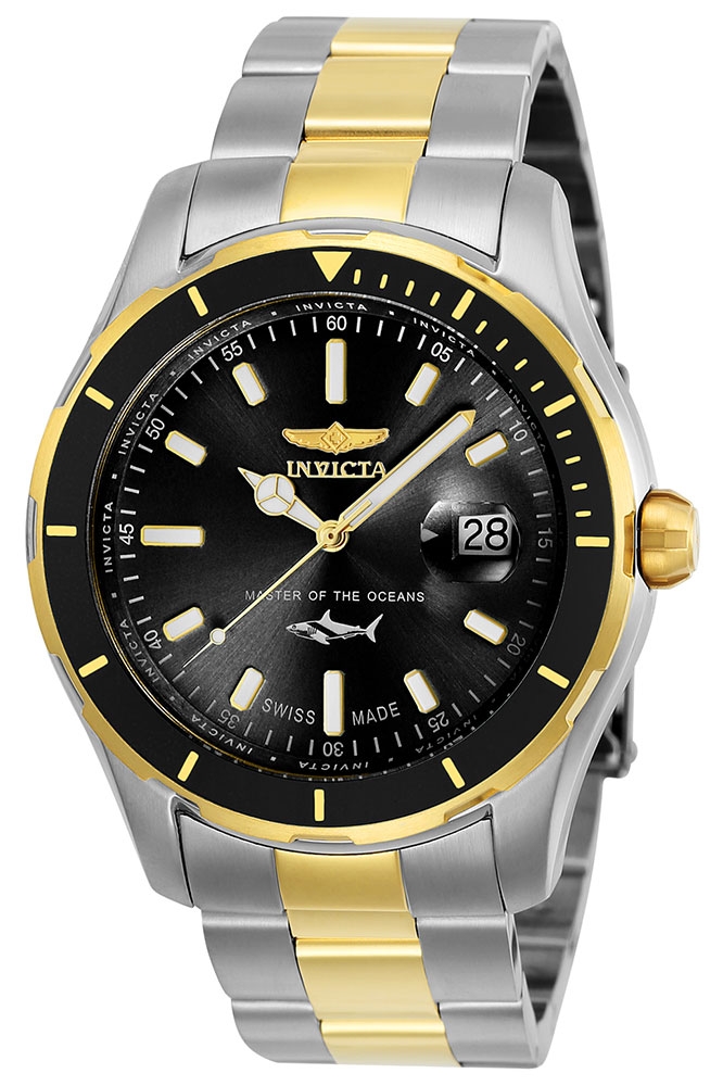 Invicta Pro Diver Mens Swiss Made Quartz 44mm Stainless Steel, Gold Case Black Dial - Model 25814