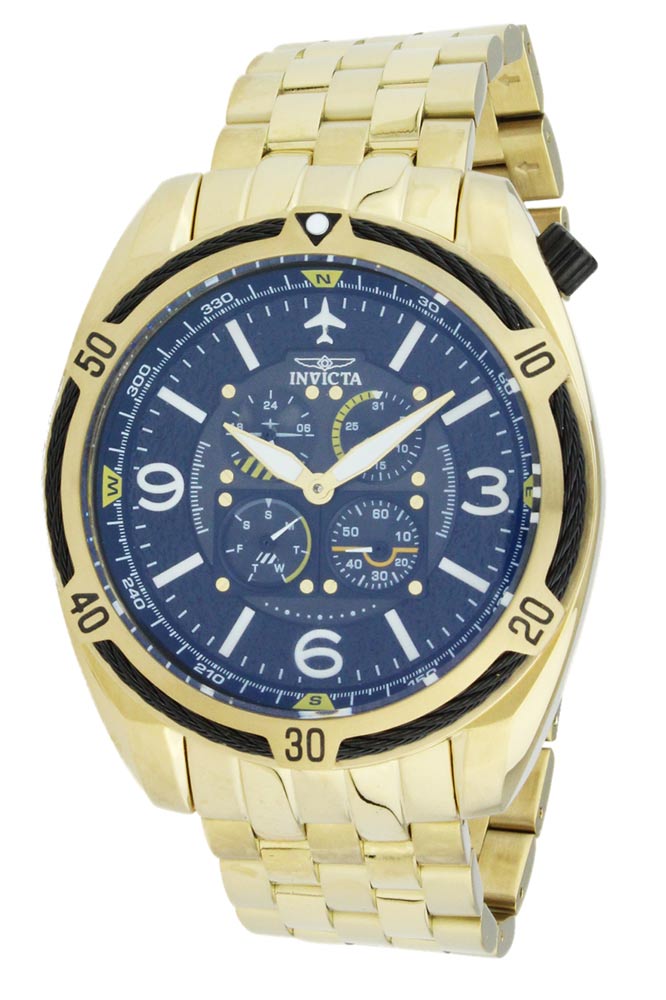 Pre-Owned Invicta Aviator Quartz Mens Watch - 52mm Stainless Steel Case, Stainless Steel Band, Gold (28087)