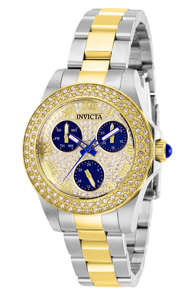 Invicta Angel Womens Quartz 34mm Stainless Steel, Gold Case Pave, Blue Dial - Model 28476