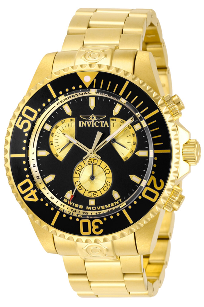 Invicta Pro Diver Mens Quartz 47 mm Gold Case Black, Gold Dial - Model 29974