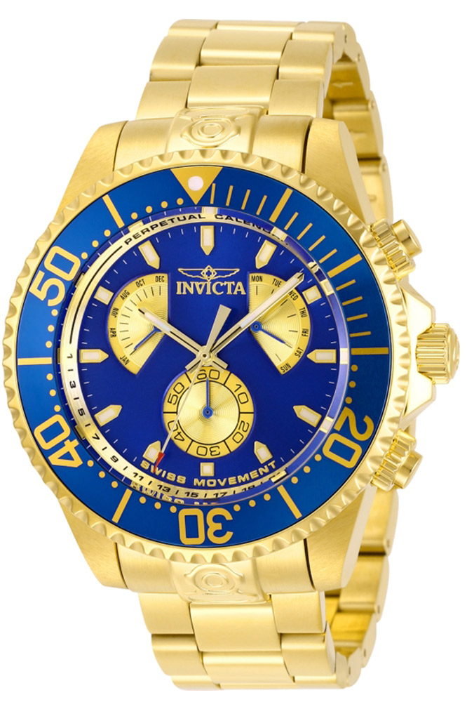 Invicta Pro Diver Mens Quartz 47 mm Gold Case Blue, Gold Dial - Model 29975