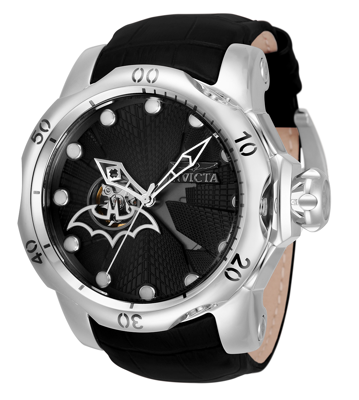 Invicta DC Comics Batman Automatic Mens Watch - 53.7mm Stainless Steel Case, Leather Band, Black (33816)