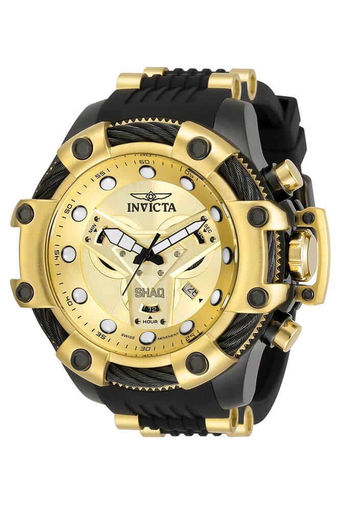 Invicta SHAQ Quartz Mens Watch - 58mm Stainless Steel Case, Silicone Band, Black, Gold (33669)