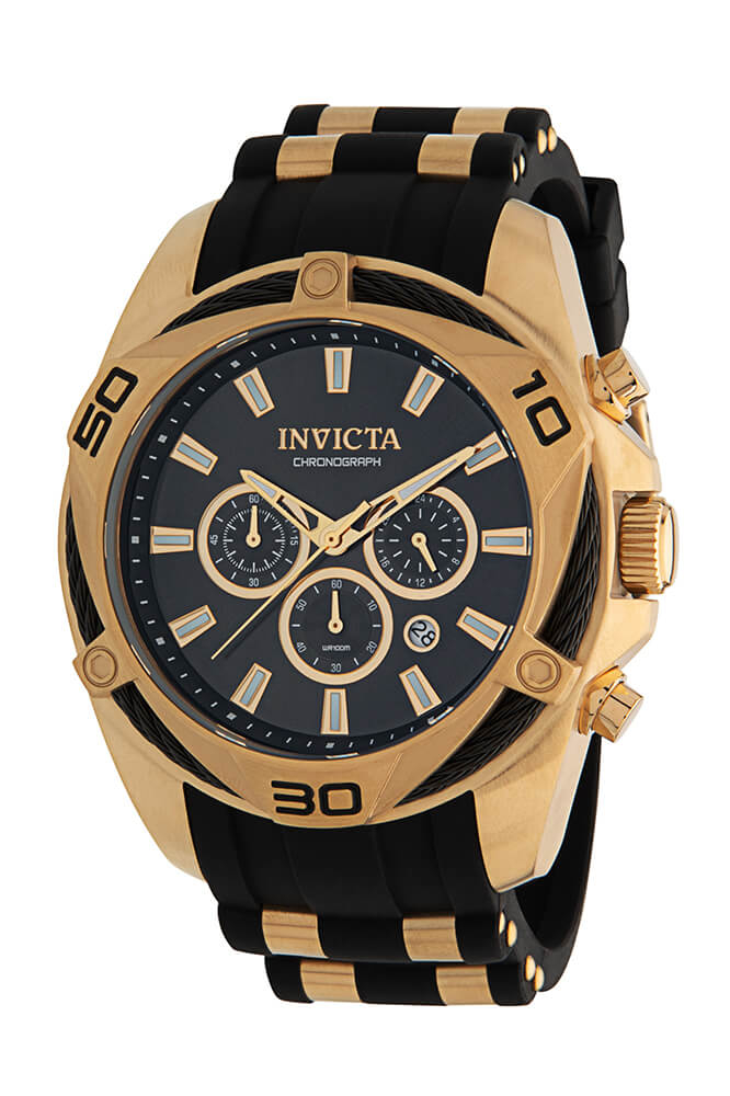 Invicta Bolt Quartz Mens Watch - 50mm Stainless Steel Case, Silicone/SS Band, Black, Gold (34138)