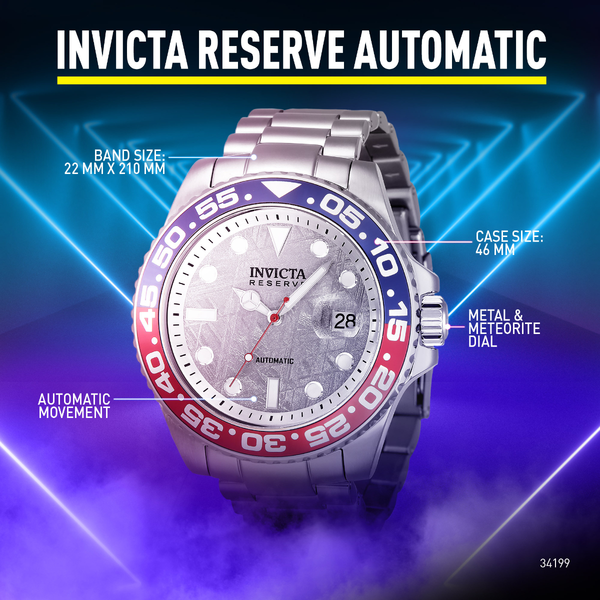 Invicta Reserve Automatic Men s Watch w Meteorite Dial 46mm Steel 34199