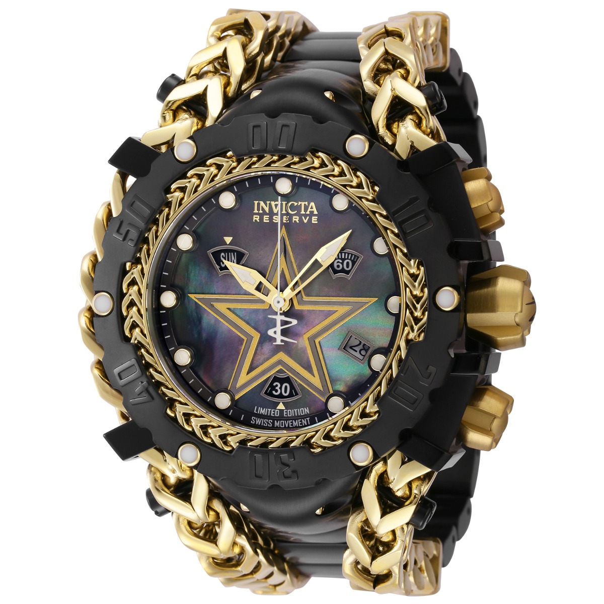 Invicta Reserve NFL Dallas Cowboys Swiss Ronda Z60 Caliber Men s Watch w Mother of Pearl Dial 55.25mm Gold Black 41525