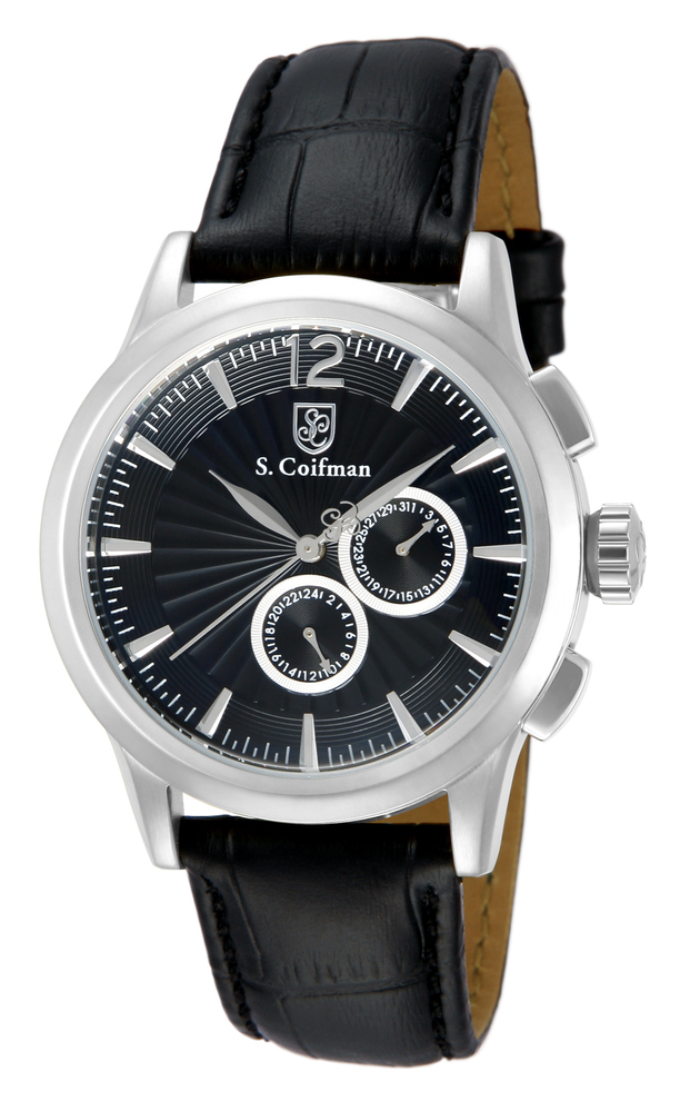 Pre-Owned S. Coifman Heritage Quartz Mens Watch - 43mm Stainless Steel Case, Leather Band, Black (SC0261)