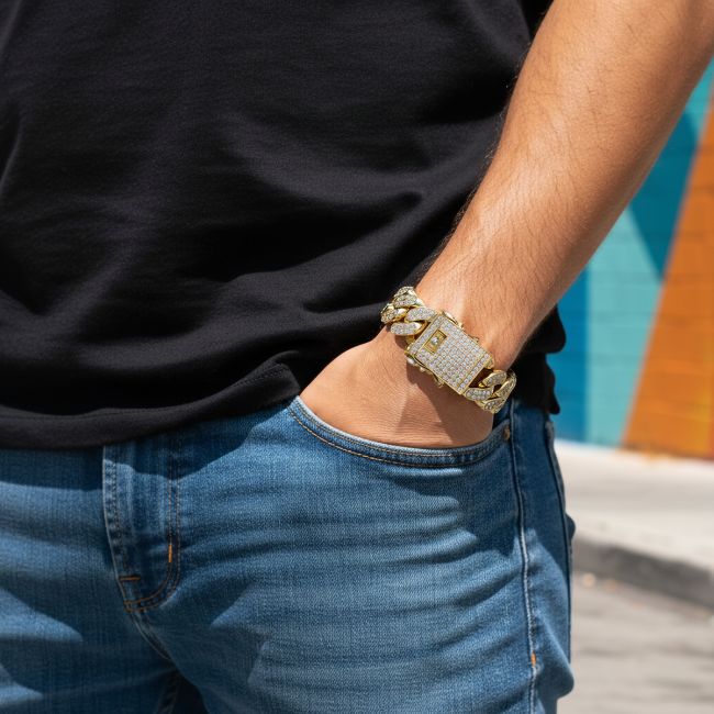 Invicta Elements Men's Iced out Cuban Chain Bracelet, Gold (80840)