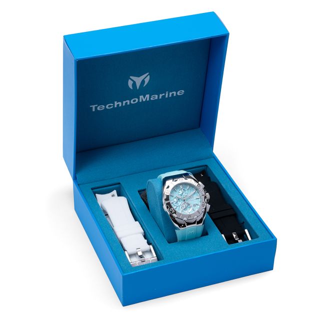 TechnoMarine Cruise Original Men's Watch - 44mm, Black, White, Light Blue with Interchangeable Strap (TM-124003)