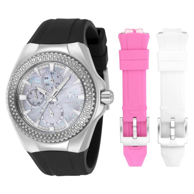 TechnoMarine Cruise California 0.5 Carat Diamond Unisex Watch w/ Mother of Pearl Dial - 40.57mm, Black, White, Red with Interchangeable Strap (TM-124026)