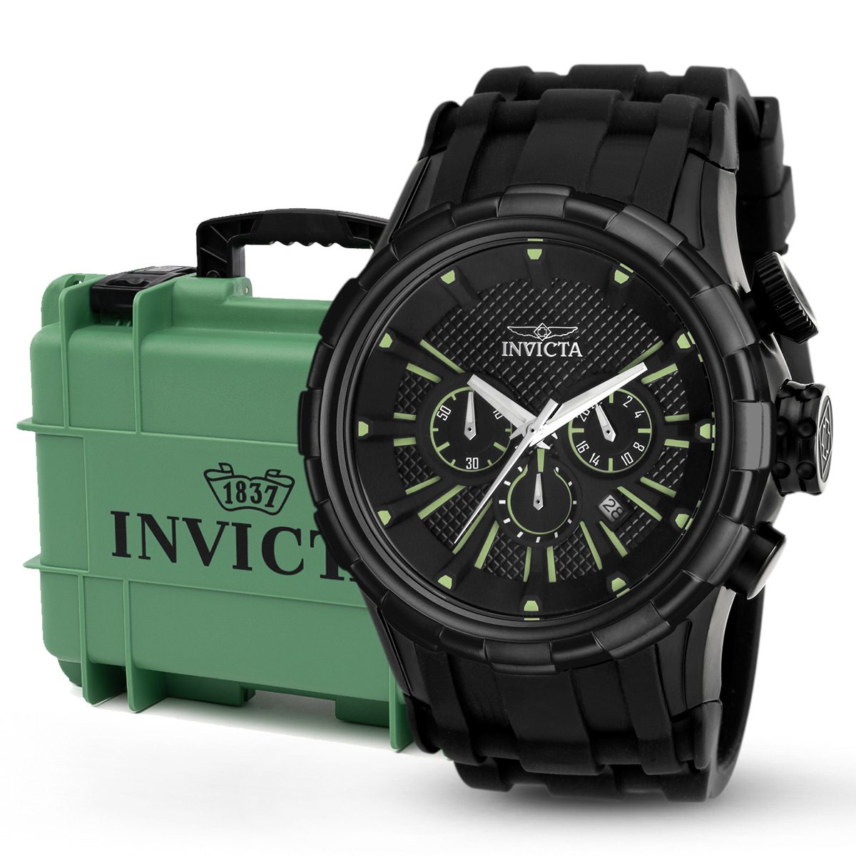 Invicta I-Force Black Men's Watch Bundle - 52mm, Black with Invicta 8-Slot  Dive Impact Watch Case, Light Green (B-16974-DC8-LTGRN)