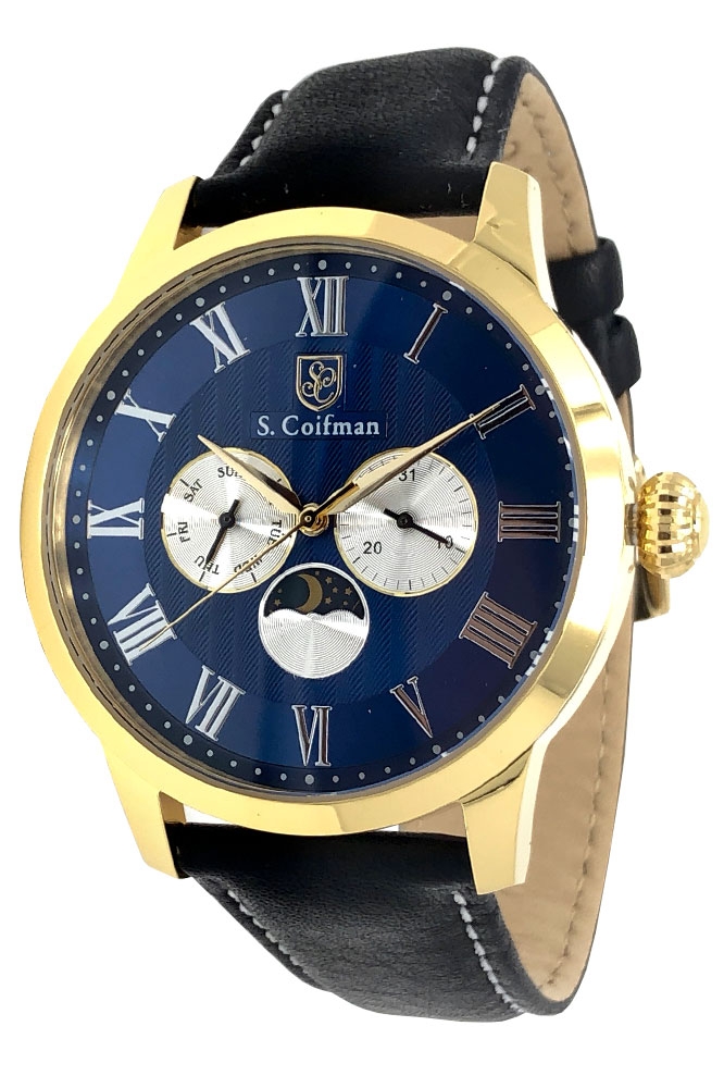 S .Coifman Men%27s Leather Mens Quartz 44 mm Gold Case Blue Dial - Model SC0473