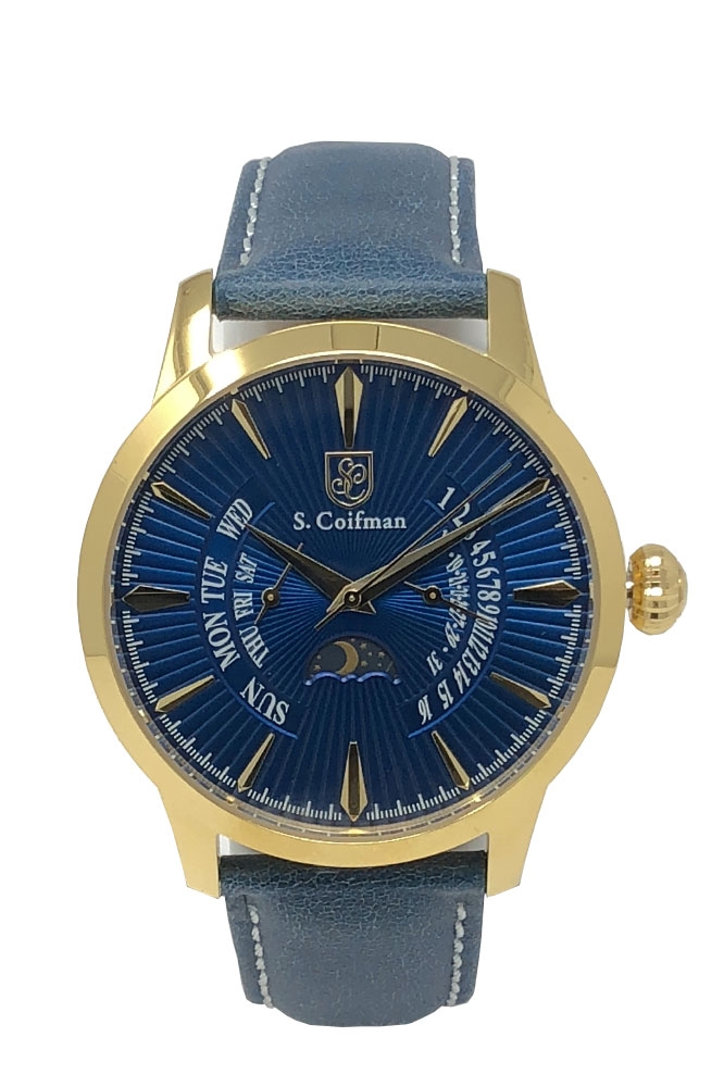 S .Coifman Men%27s Leather Mens Quartz 44 mm Gold Case Blue Dial - Model SC0478