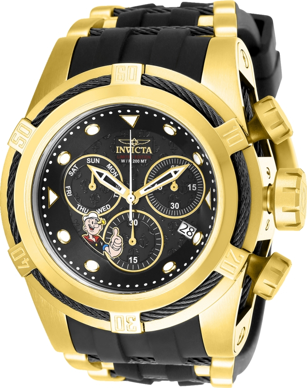 #1 LIMITED EDITION - Invicta Character Collection Popeye Quartz Mens Watch - 53mm Stainless Steel Case, SS/Silicone Band, Gold, Black (24896)