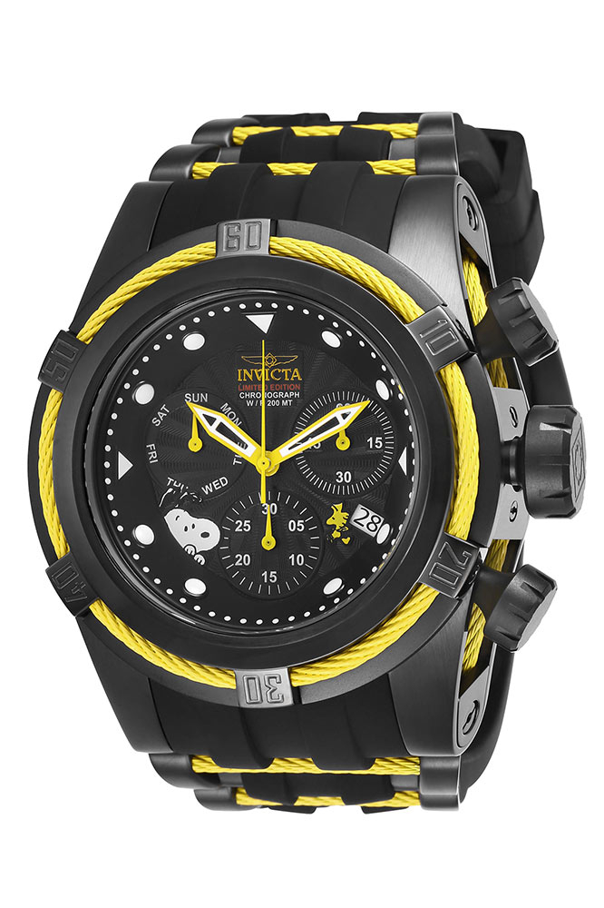 #1 LIMITED EDITION - Invicta Character Collection Snoopy Quartz Mens Watch - 53mm Stainless Steel Case, SS/Silicone Band, Black, Yellow (25007)