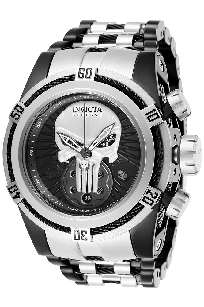 #1 LIMITED EDITION - Invicta Marvel Punisher Quartz Mens Watch - 53mm Stainless Steel Case, SS Band, Steel, Black (27008)