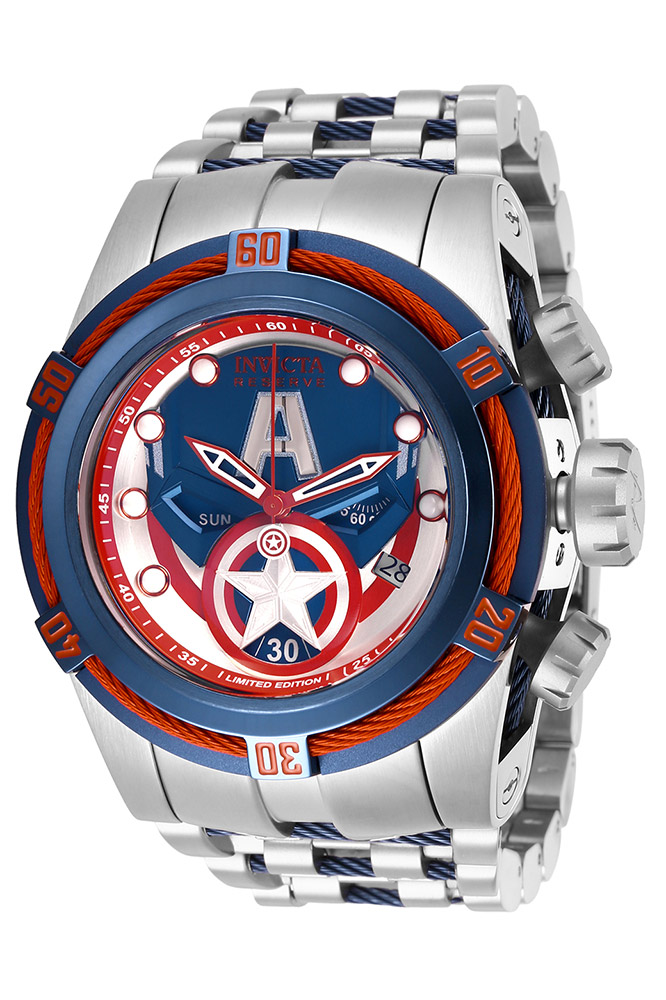#1 LIMITED EDITION - Invicta Marvel Captain America Quartz Mens Watch - 53mm Stainless Steel Case, SS Band, Steel, Dark Blue (27045)