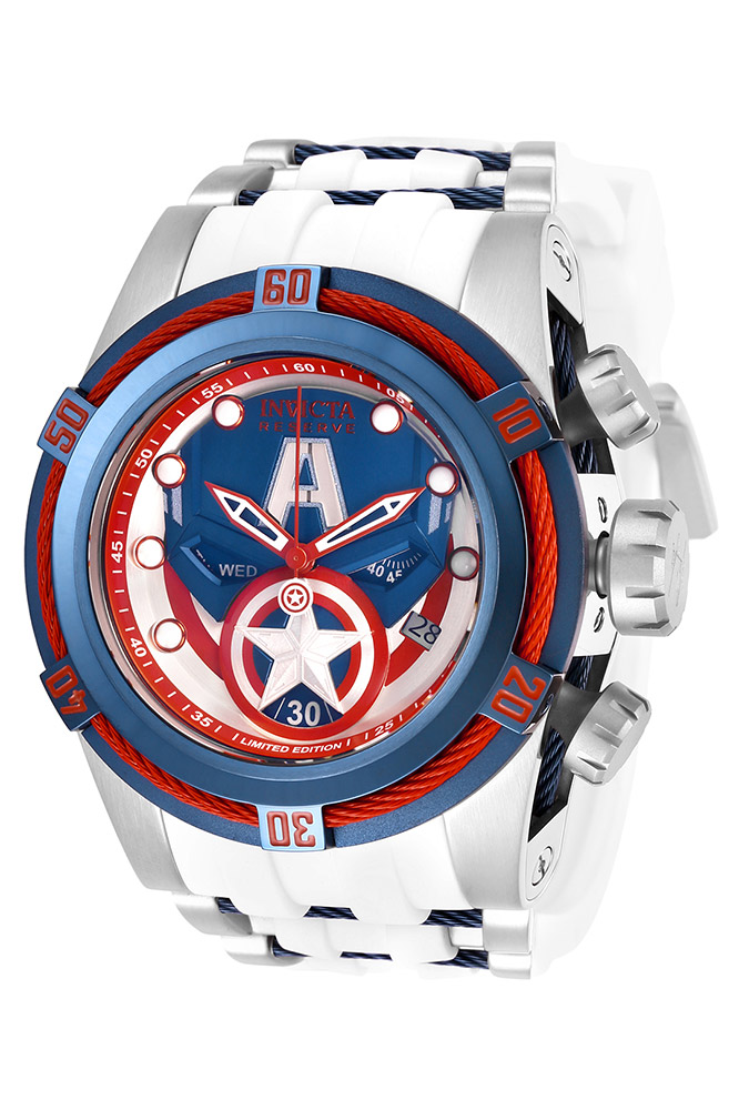 #1 LIMITED EDITION - Invicta Marvel Captain America Quartz Mens Watch - 53mm Stainless Steel Case, SS/Silicone Band, Steel, White, Dark Blue (27046)