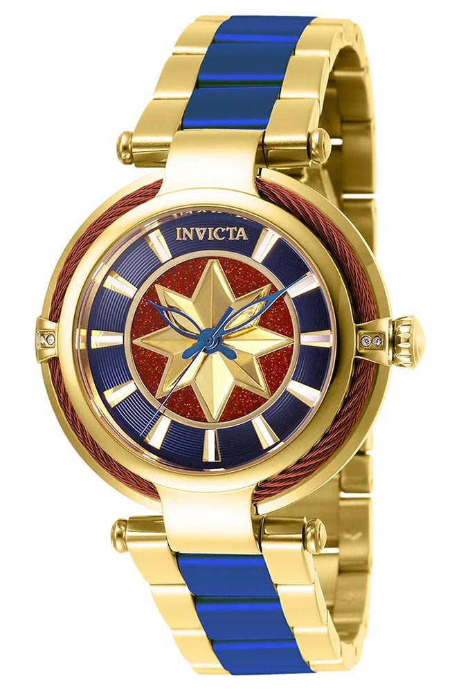 #1 LIMITED EDITION - Invicta Marvel Captain Marvel Quartz Womens Watch - 40mm Stainless Steel Case, SS Band, Gold, Blue (28832)