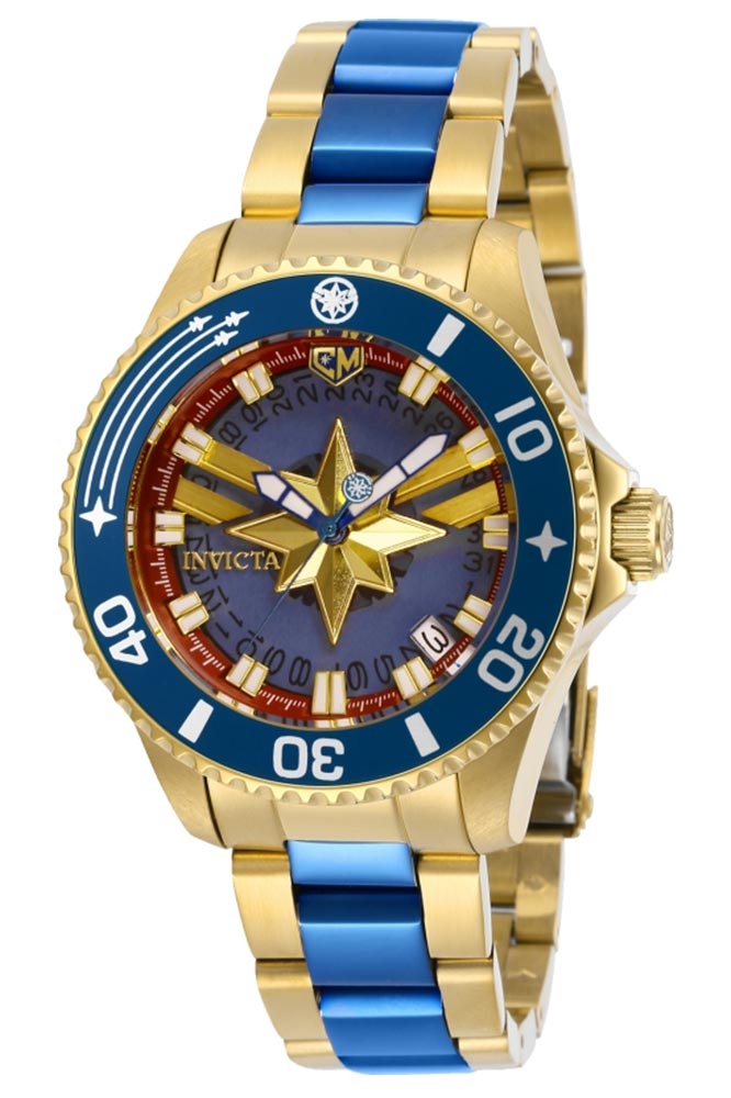 #1 LIMITED EDITION - Invicta Marvel Captain Marvel Quartz Womens Watch - 38mm Stainless Steel Case, SS Band, Gold, Blue (28907)