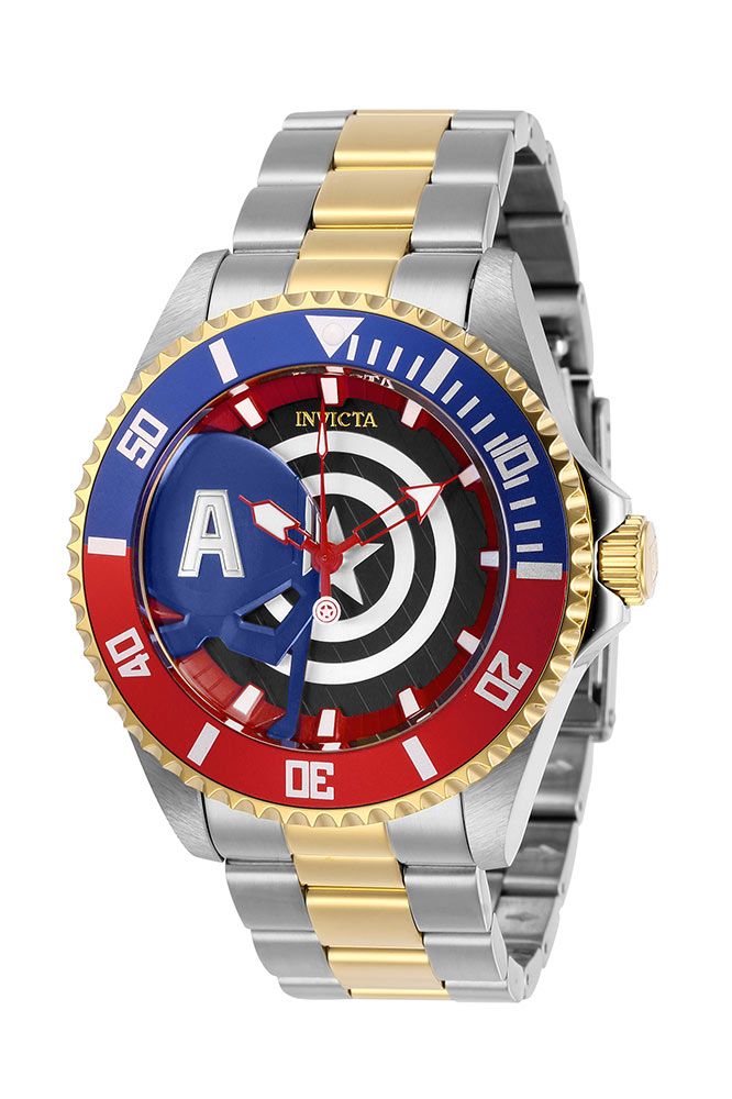 #1 LIMITED EDITION - Invicta Marvel Captain America Quartz Mens Watch - 44mm Stainless Steel Case, Stainless Steel Band, Steel, Gold (29682)