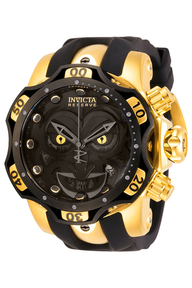 #1 LIMITED EDITION - Invicta DC Comics Joker Quartz Mens Watch - 52.5mm Stainless Steel/Aluminum Case, SS/Silicone Band, Gold, Black (30063)