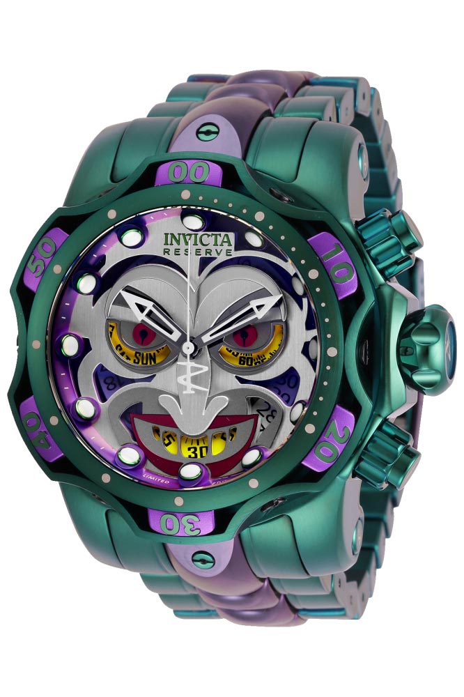 #1 LIMITED EDITION - Invicta DC Comics Joker Quartz Mens Watch - 52.5mm Stainless Steel/Aluminum Case, Stainless Steel Band, Purple, Green (30124)