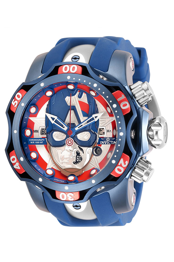 #1 LIMITED EDITION - Invicta Marvel Captain America Quartz Mens Watch - 52.5mm Stainless Steel/Aluminum Case, SS/Silicone Band, Blue, Steel (30628)