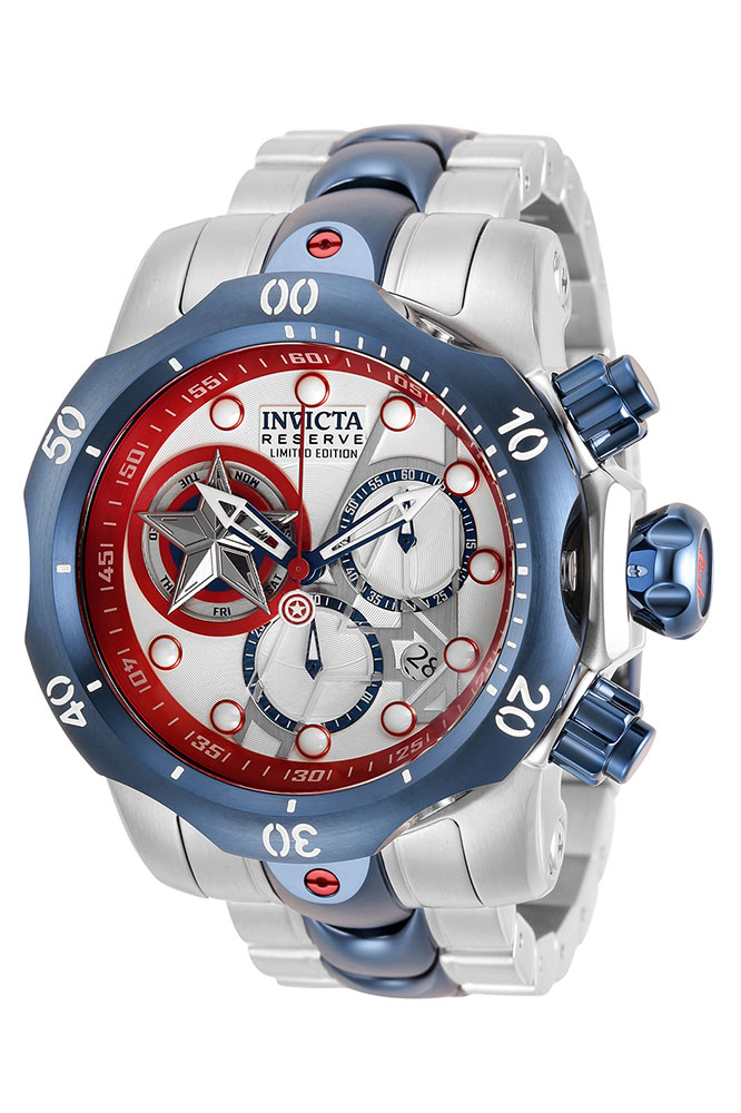 #1 LIMITED EDITION - Invicta Marvel Captain America Quartz Mens Watch - 53.7mm Stainless Steel Case, SS/Aluminum Band, Steel, Red, Dark Blue (32453)