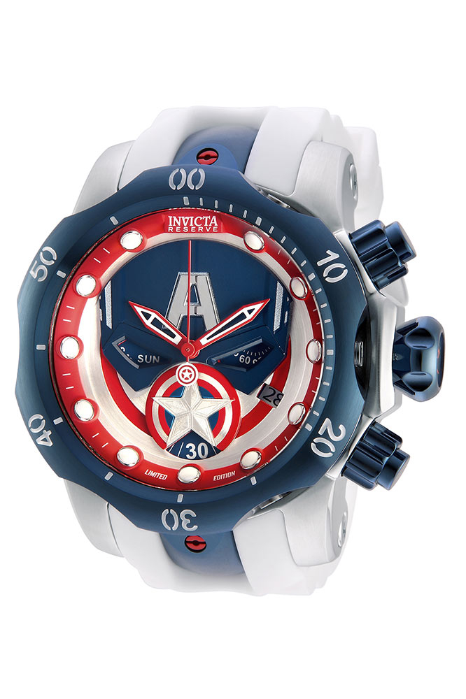 #1 LIMITED EDITION - Invicta Marvel Captain America Quartz Mens Watch - 53.7mm Stainless Steel Case, SS/Silicone Band, White, Red, Dark Blue (32455)