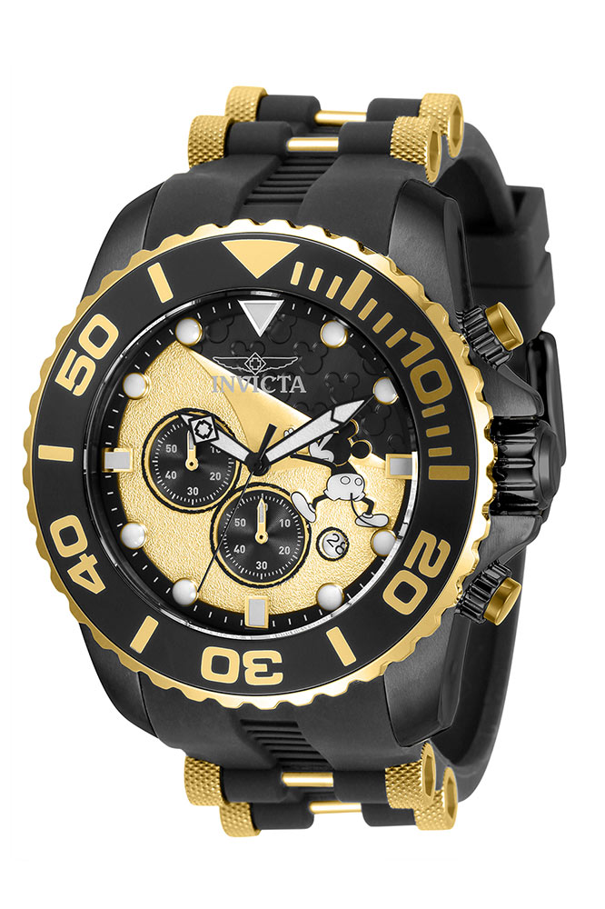 #1 LIMITED EDITION - Invicta Disney Limited Edition Mickey Mouse Quartz Mens Watch - 50mm Stainless Steel Case, Silicone/SS Band, Black, Gold (32476)
