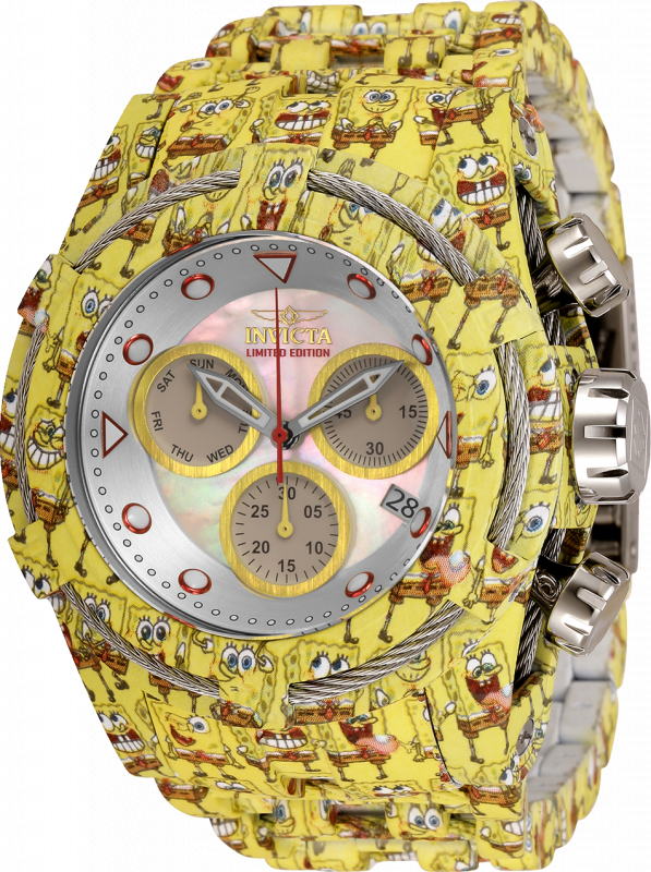 #1 LIMITED EDITION - Invicta Sponge Bob Quartz Mens Watch - 53mm Stainless Steel Case, Stainless Steel Band, Steel, White, Aqua Plating (33398)
